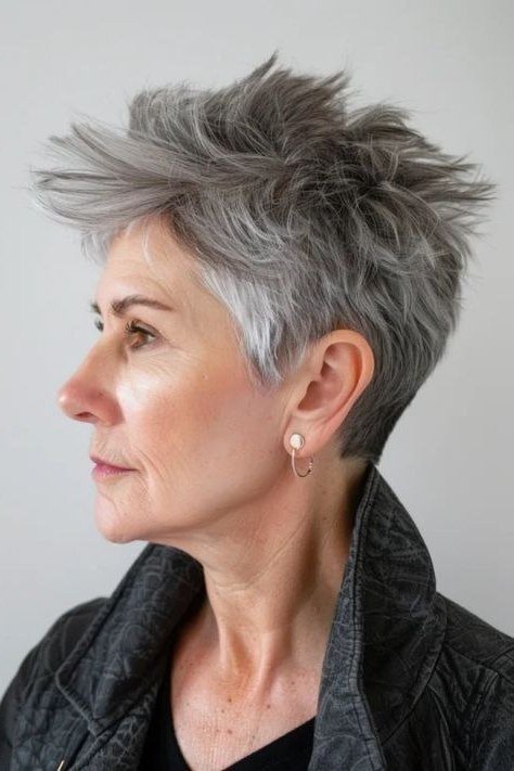 Spiky silver pixie, side view, dark jacket - wash and wear haircut for women over 60
