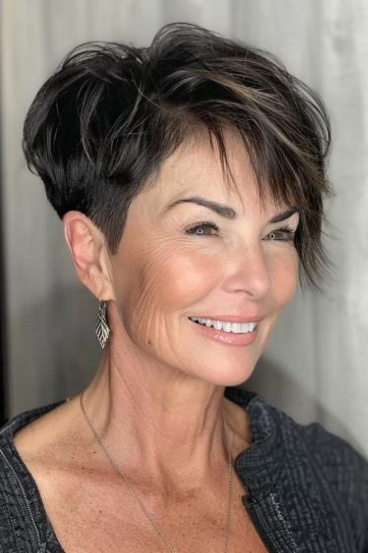 Dark spiky pixie, front, dark top - wash and wear haircut for women over 60