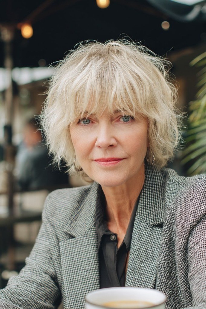 Blonde curly bob, front, cafe, grey blazer - wash and wear haircut for women over 60