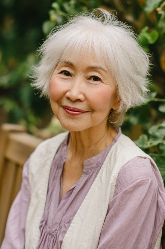 White pixie-bob, front, elderly Asian woman, garden bench - wash and wear haircut for women over 60