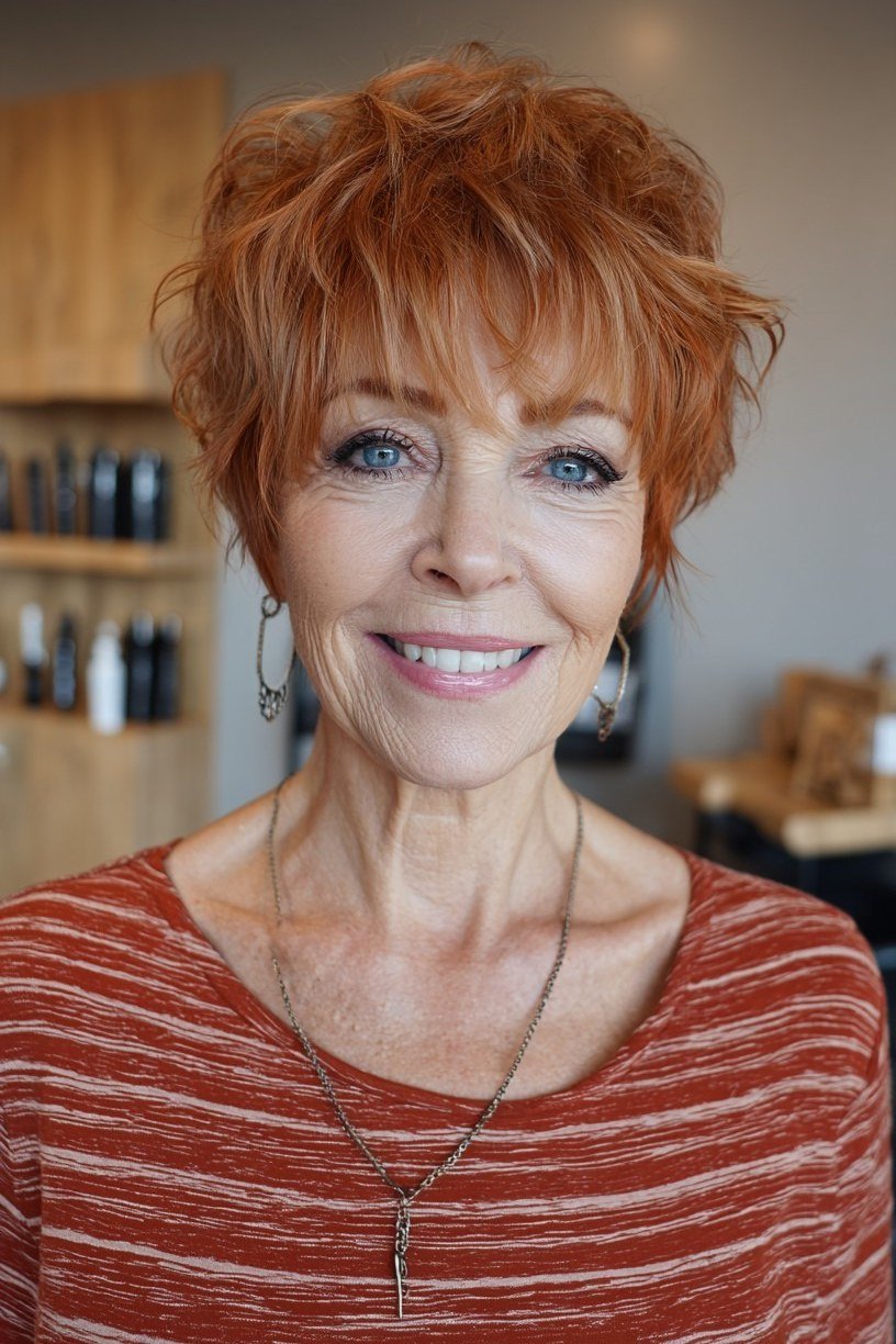 Ginger pixie, front, striped top - wash and wear haircut for women over 60