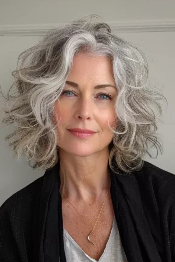 Grey curly bob, front, black blazer - wash and wear haircut for women over 60