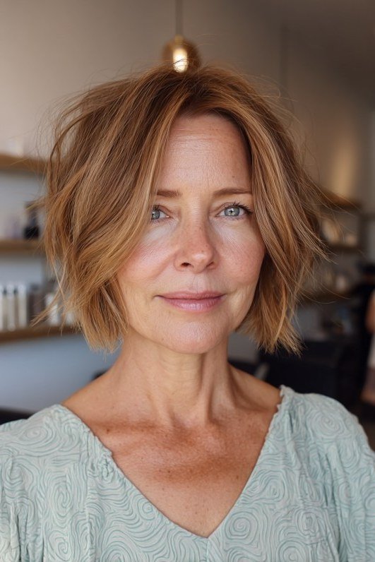 Copper wavy bob, front, sage top - wash and wear haircut for women over 60