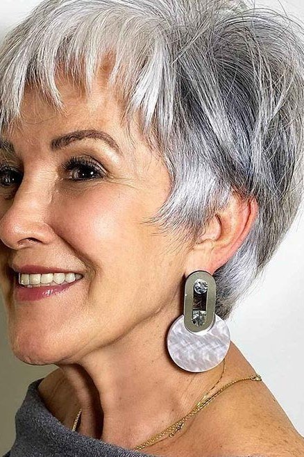 Silver pixie, front, statement earrings - wash and wear haircut for women over 60