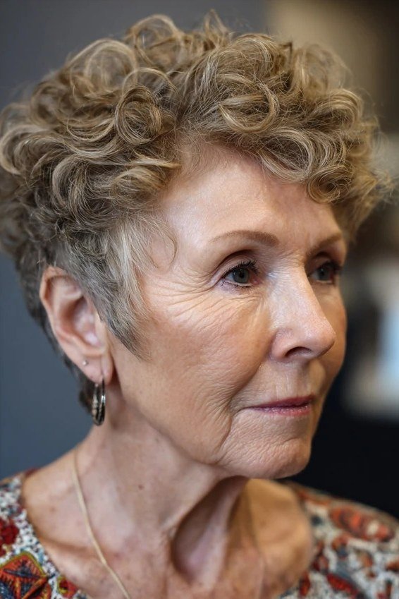 Brown curly pixie, side view, floral top - wash and wear haircut for women over 60