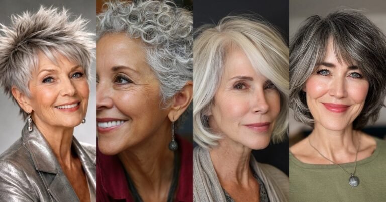 Collage of 4 wash and wear haircuts for women over 60: spiky silver pixie, silver curly crop, silver wavy bob, dark grey shaggy bob
