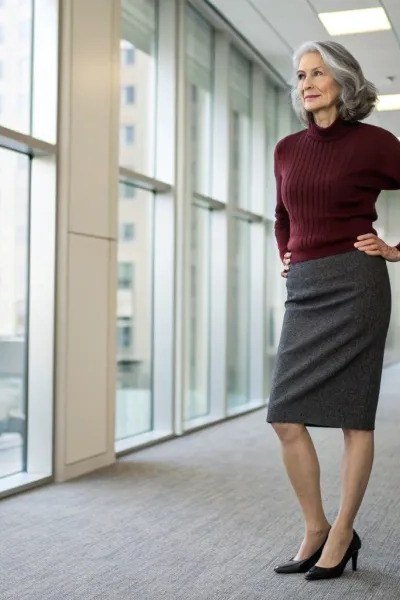 Business casual outfit for women over 50: burgundy turtleneck sweater with gray pencil skirt