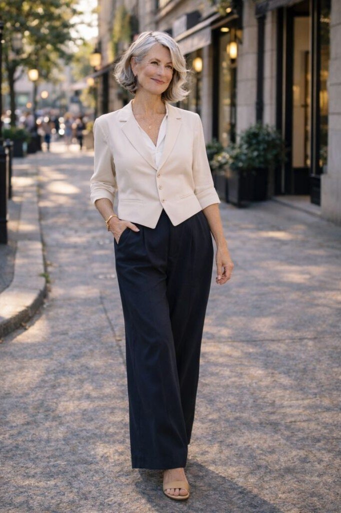 Business casual outfit for women over 50: blush pink blazer with black wide-leg trousers