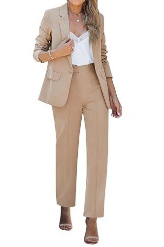 Business casual look for women over 50: camel blazer suit with white top