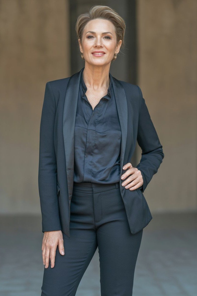 Charcoal satin monochrome business casual look for women over 50