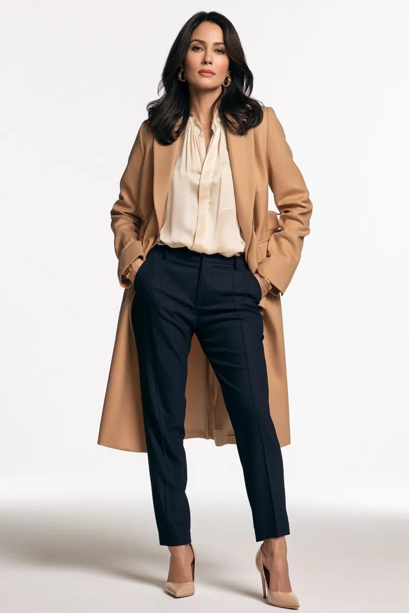Camel coat business casual outfit for women over 50 with navy trousers