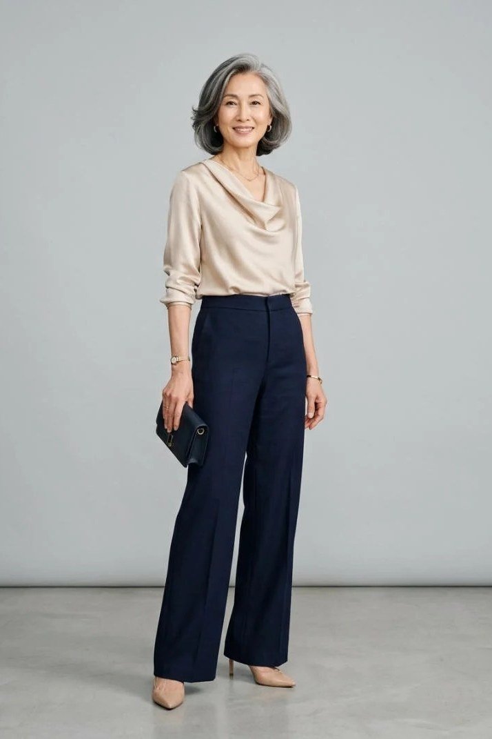 Champagne satin blouse for women over 50 with navy wide-leg trousers