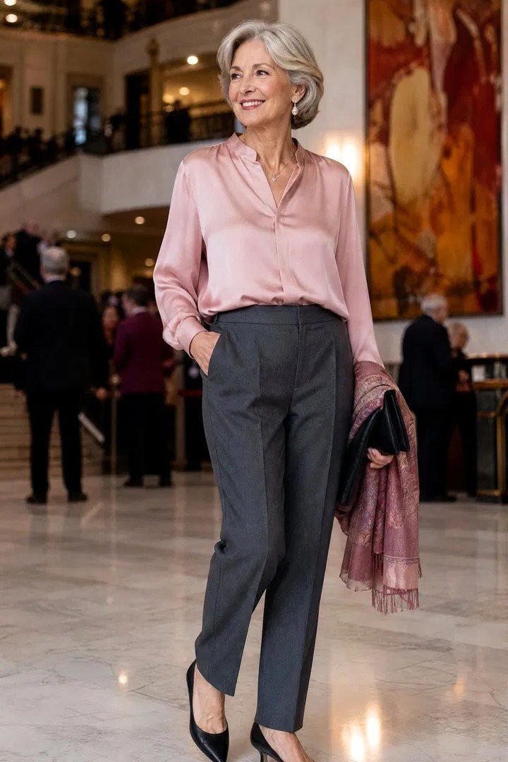 Pink satin blouse business casual outfit for women over 50 with gray trousers