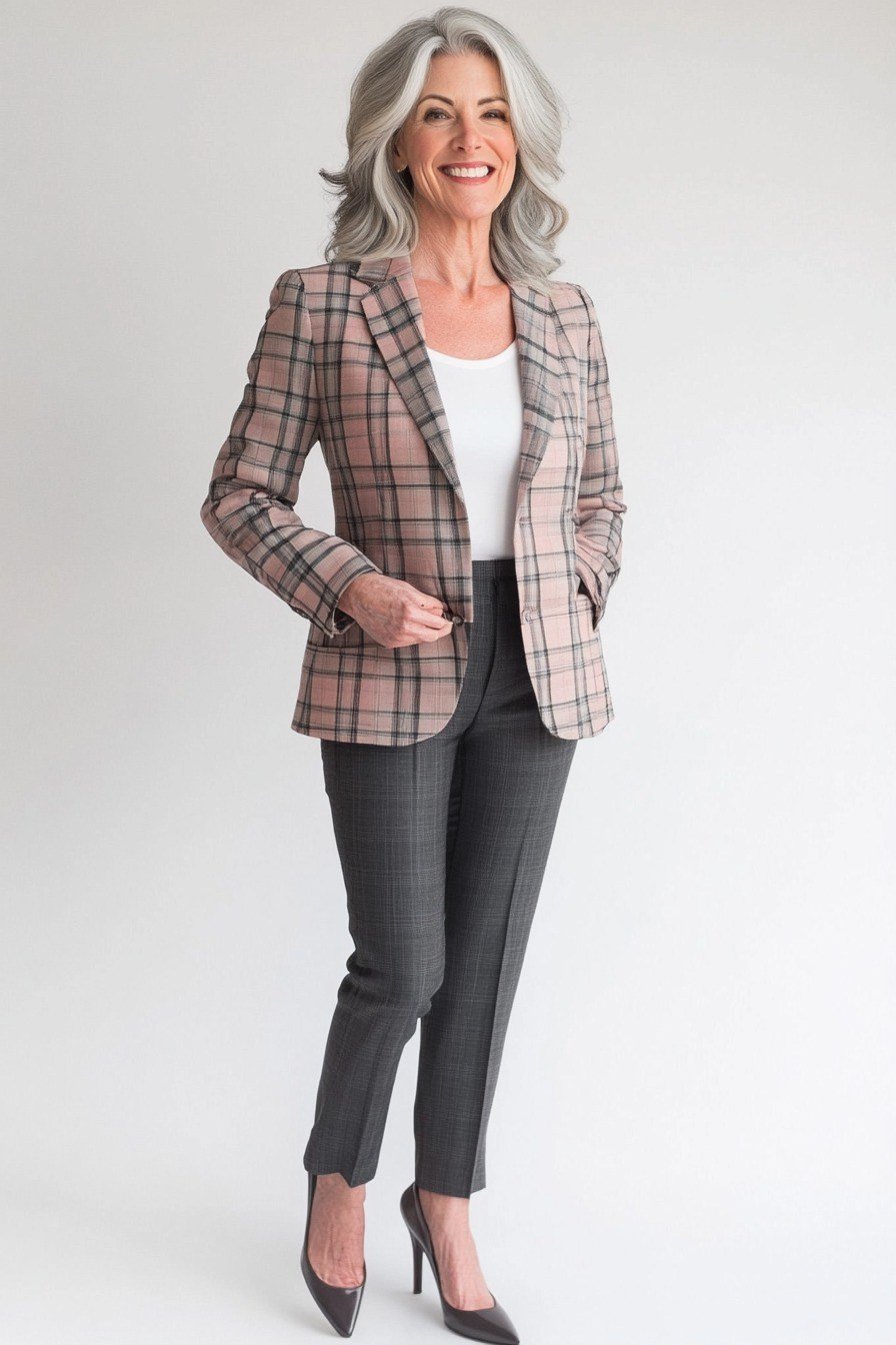 Plaid blazer business casual look for women over 50 with gray trousers