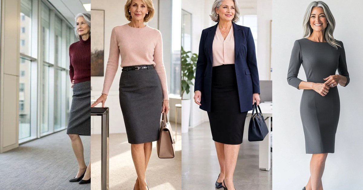 Chic business casual looks for women over 50: collage of blazer, blouse, trouser and work dress outfits