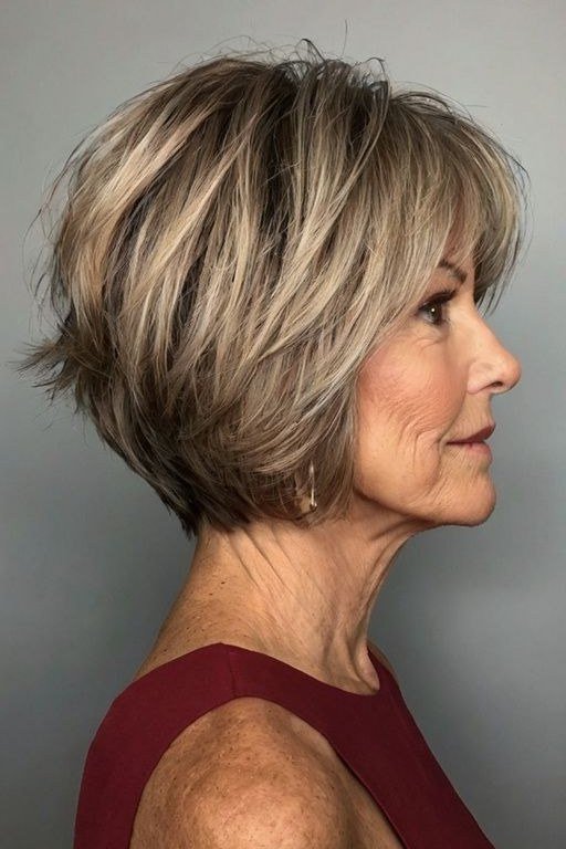 Blonde stacked wedge on a woman over 60, side view - wedge bob hairstyle