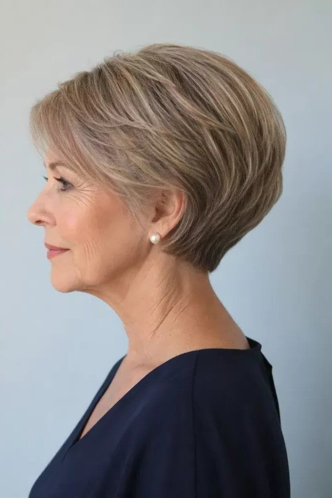 Blonde rounded wedge on a woman over 60, side view - wedge bob hairstyle