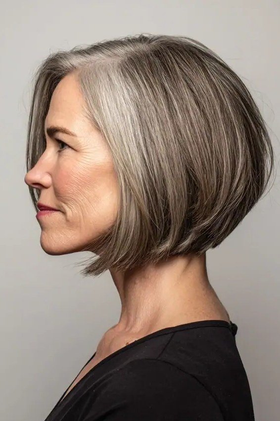 Gray blunt wedge on a woman over 60, three-quarter side view - wedge bob hairstyle