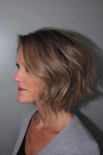 Brown tousled wedge on a woman over 60, side view - wedge bob hairstyle