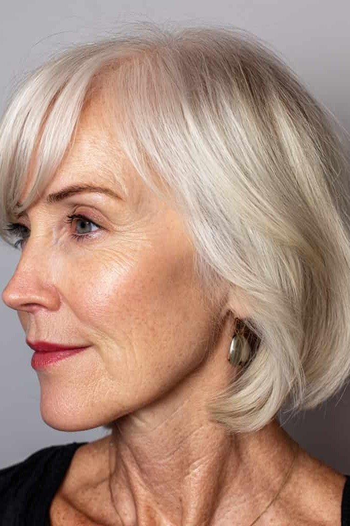White wedge with bangs on a woman over 60, three-quarter front view - wedge bob hairstyle