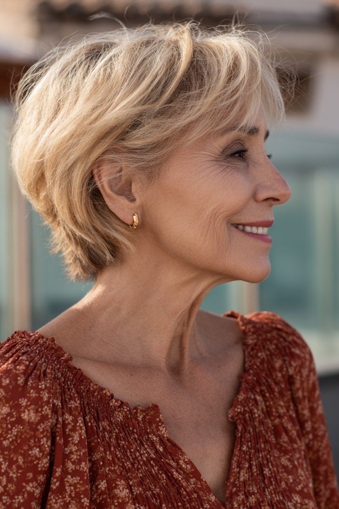Blonde wedge on a woman over 60, outdoor side view - wedge bob hairstyle
