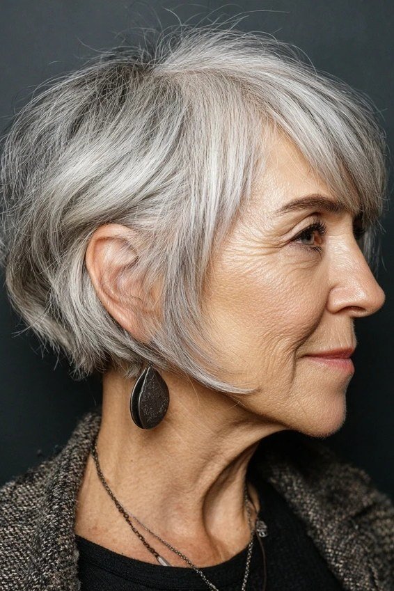 Silver wedge on a woman over 60, side view with large dark earring - wedge bob hairstyle