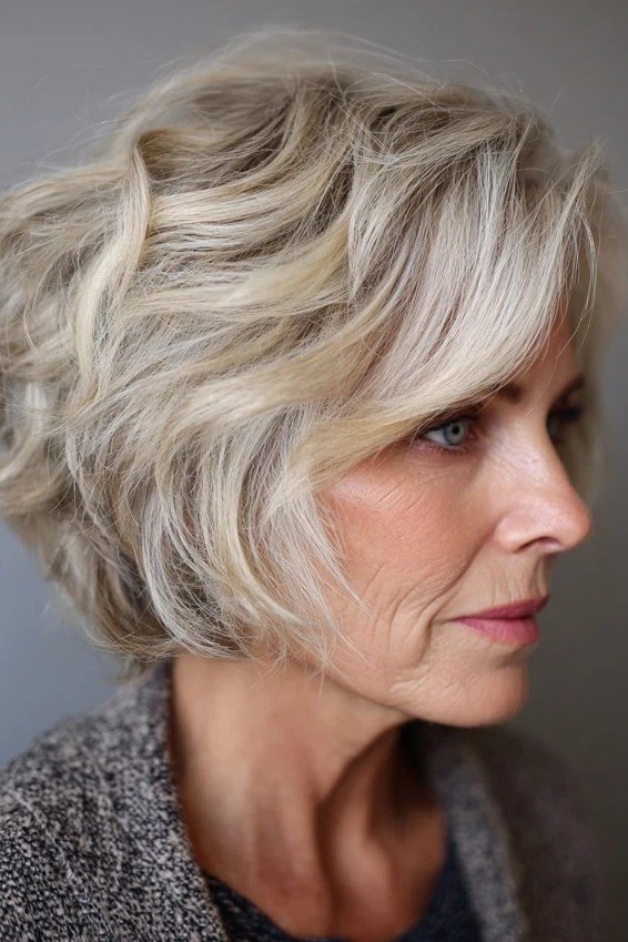 Wavy blonde wedge on a woman over 60, three-quarter view - wedge bob hairstyle