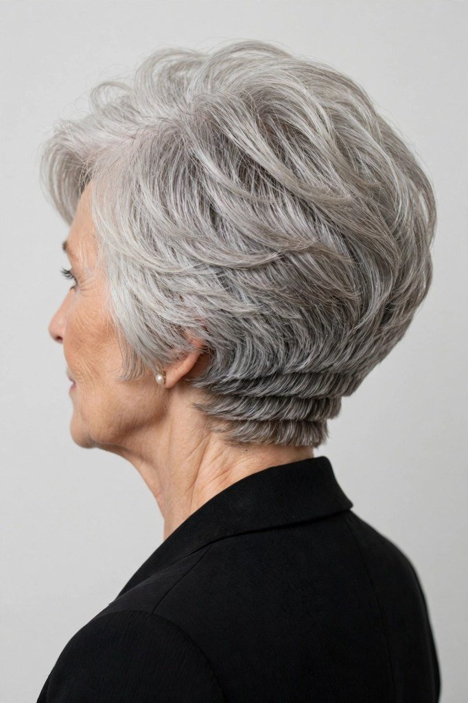 Silver stacked wedge on a woman over 60, side view - wedge bob hairstyle