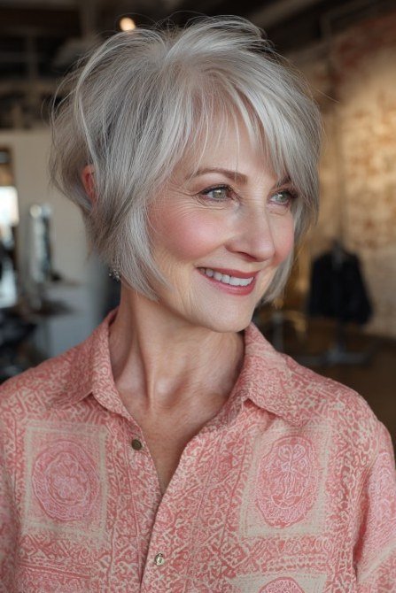 White wedge on a woman over 60, three-quarter front view - wedge bob hairstyle