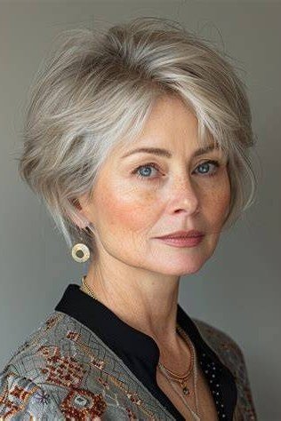 Silver wedge on a woman over 60, front view - wedge bob hairstyle