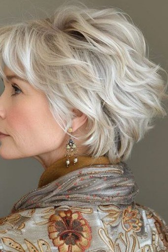 White tousled wedge on a woman over 60, side view - wedge bob hairstyle