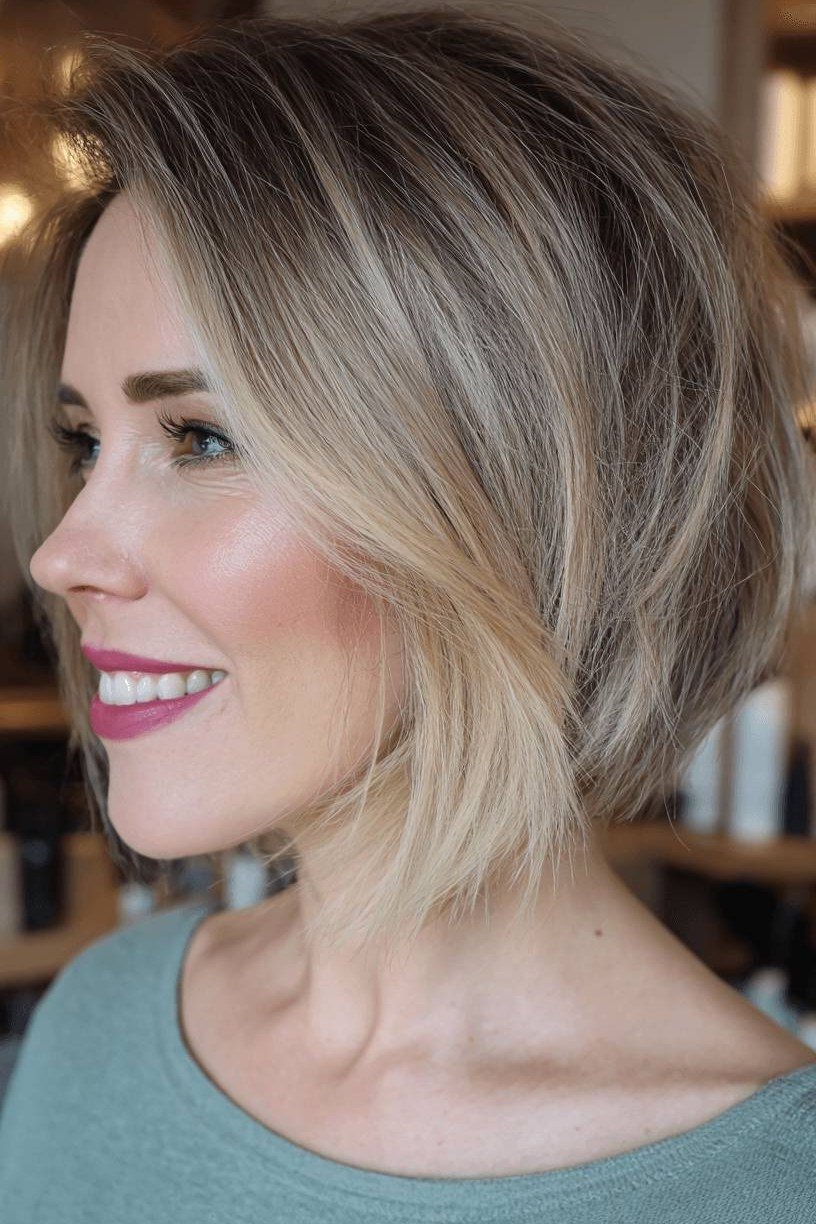 Blonde wedge on a woman over 60, three-quarter view - wedge bob hairstyle