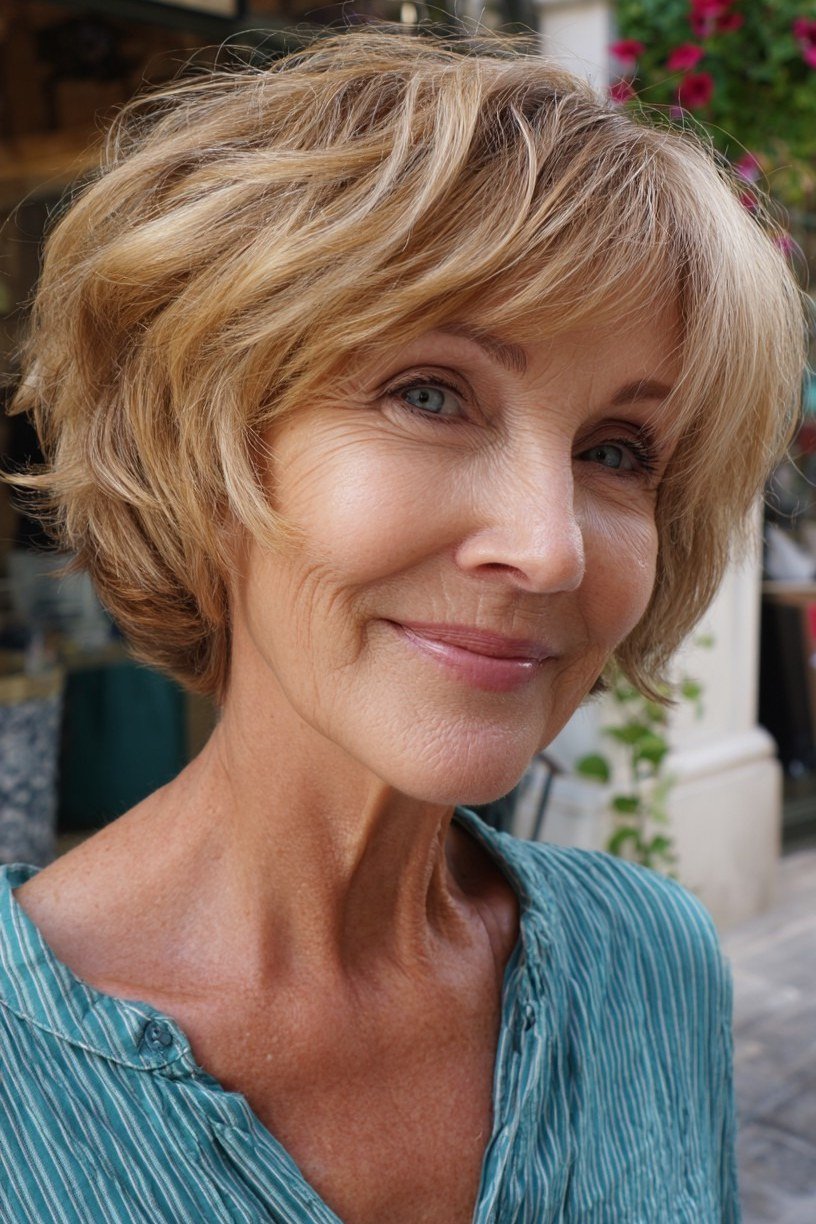 Blonde wedge on a woman over 60, three-quarter front view - wedge bob hairstyle