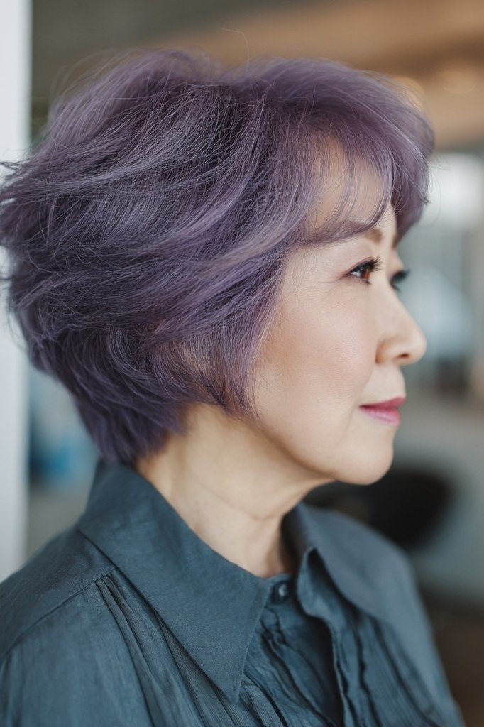 Lavender-tinted wedge on a woman over 60, side-front view - wedge bob hairstyle