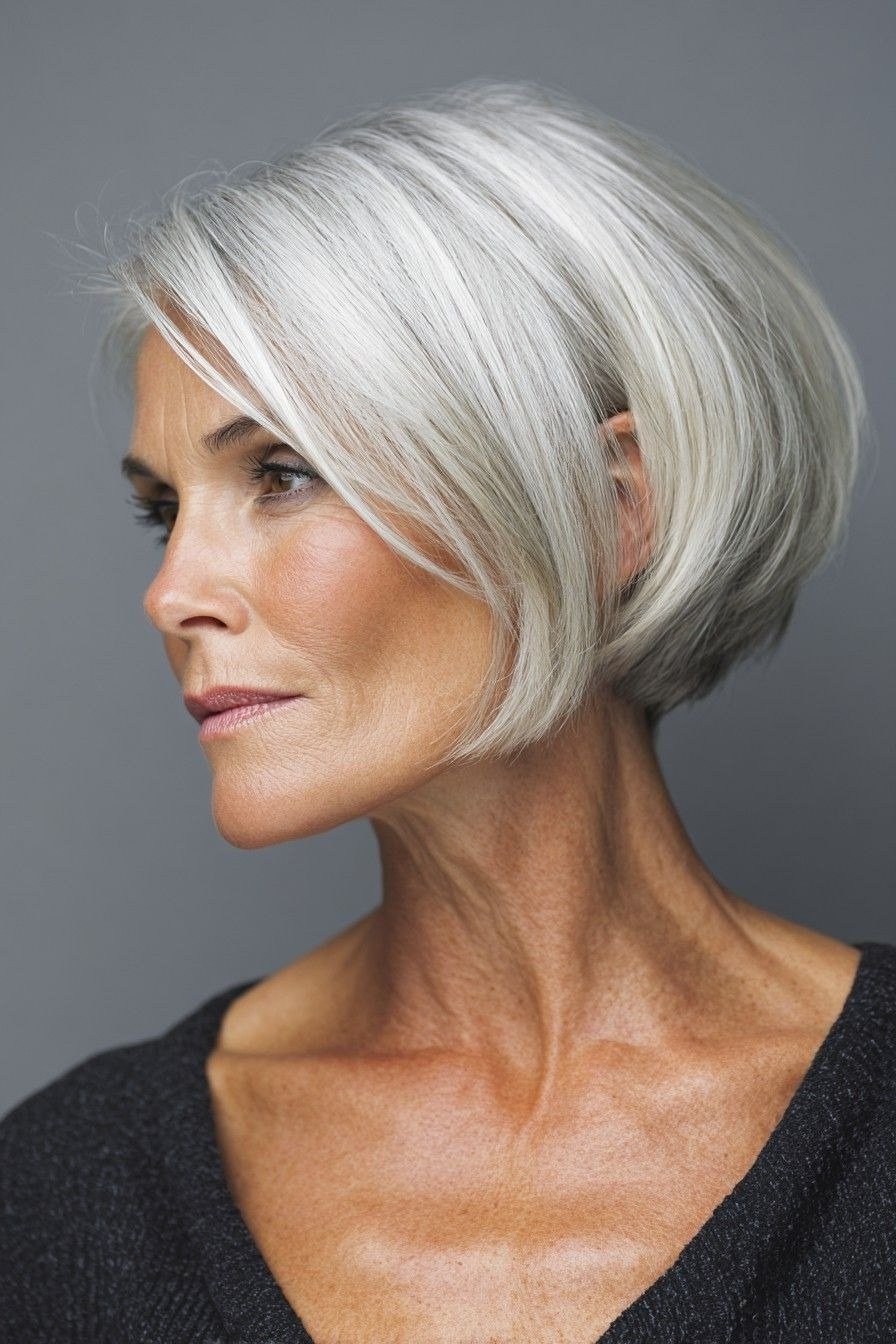 White sleek wedge on a woman over 60, side view - wedge bob hairstyle
