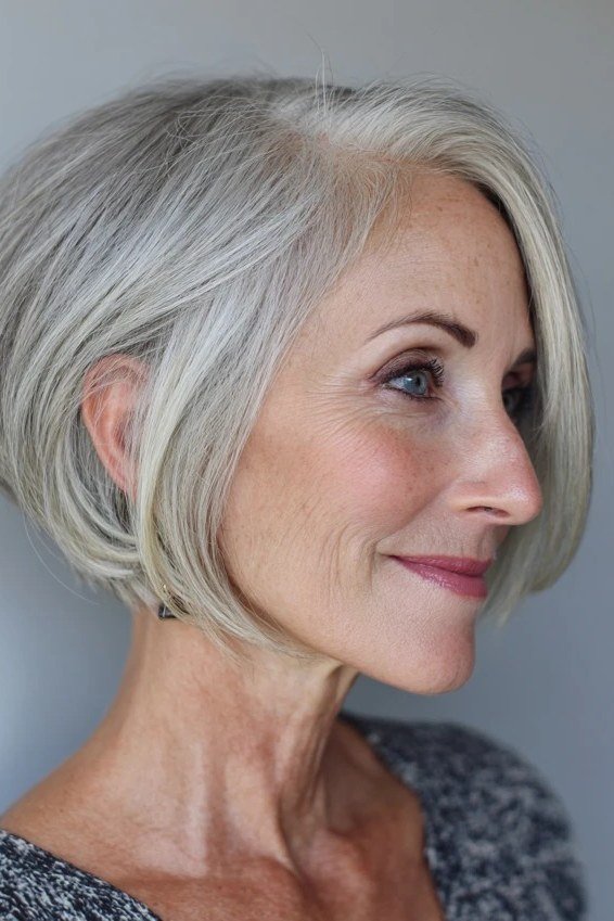 Silver wedge on a woman over 60, three-quarter front view - wedge bob hairstyle