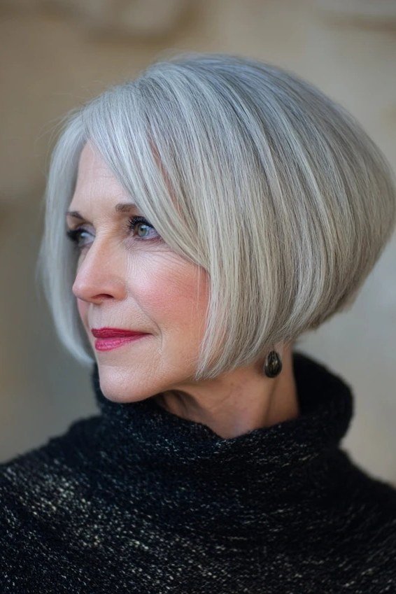 Silver sleek wedge on a woman over 60, three-quarter view - wedge bob hairstyle