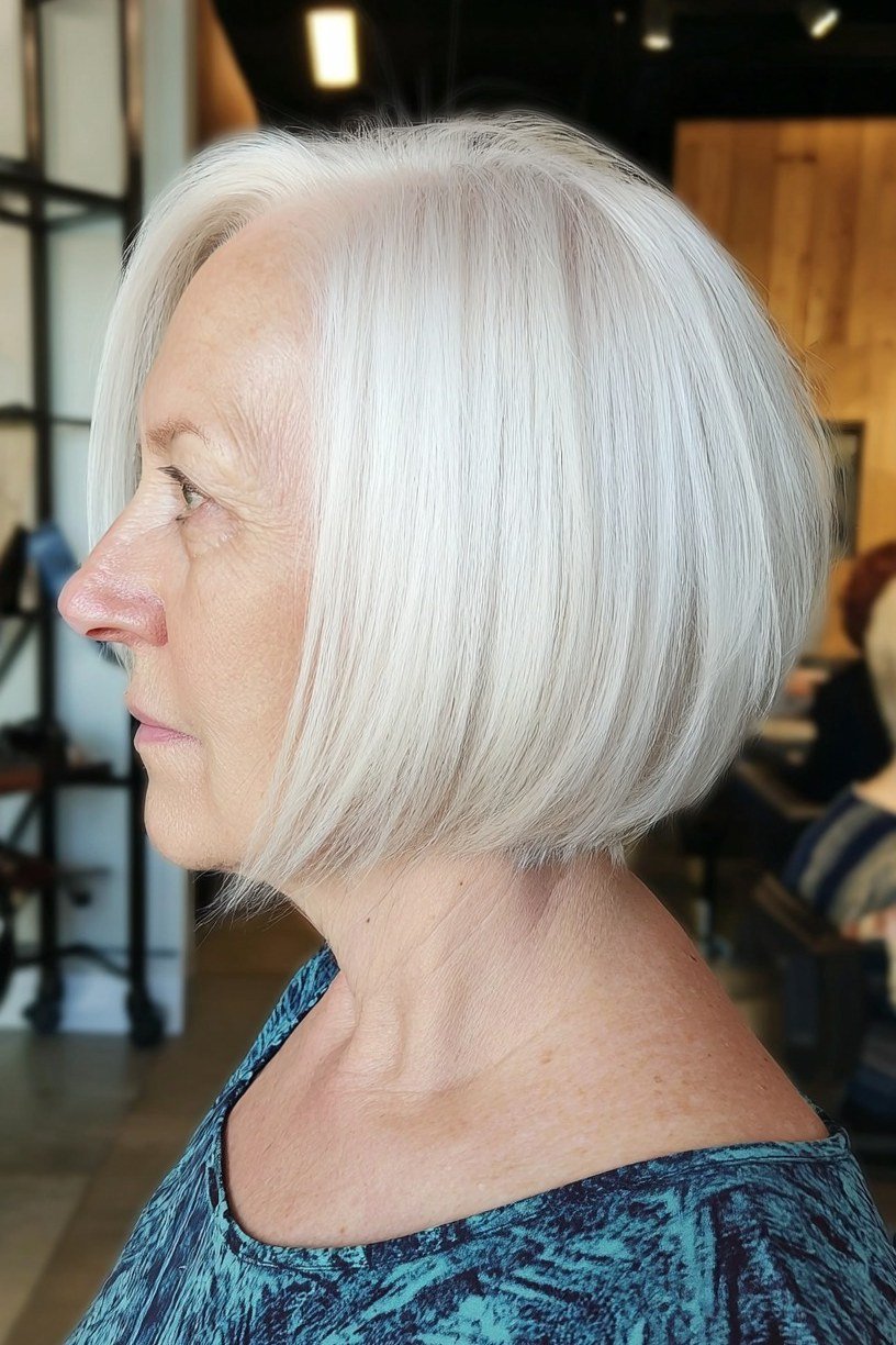 White wedge on a woman over 60, side view - wedge bob hairstyle