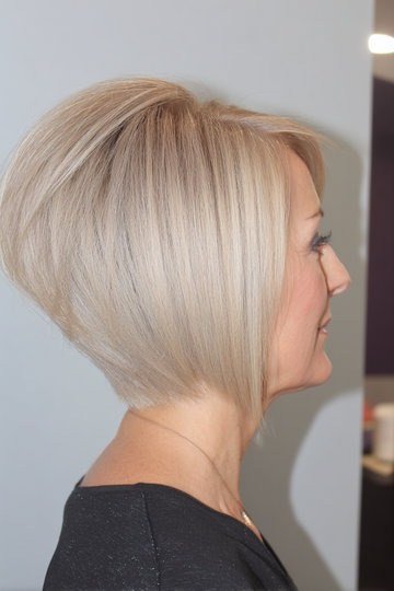 Blonde wedge on a woman over 60, side view - wedge bob hairstyle