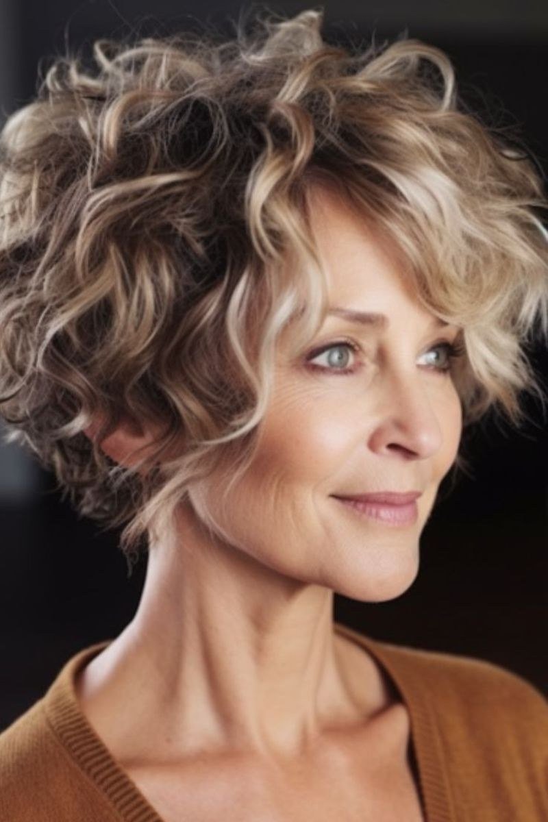 Curly highlighted wedge on a woman over 60, front view - wedge bob hairstyle