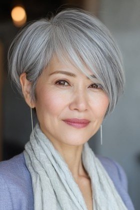 Silver wedge on a woman over 60, front view - wedge bob hairstyle
