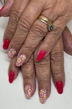 Red with Gold Confetti Accents, winter nail color idea for women over 60