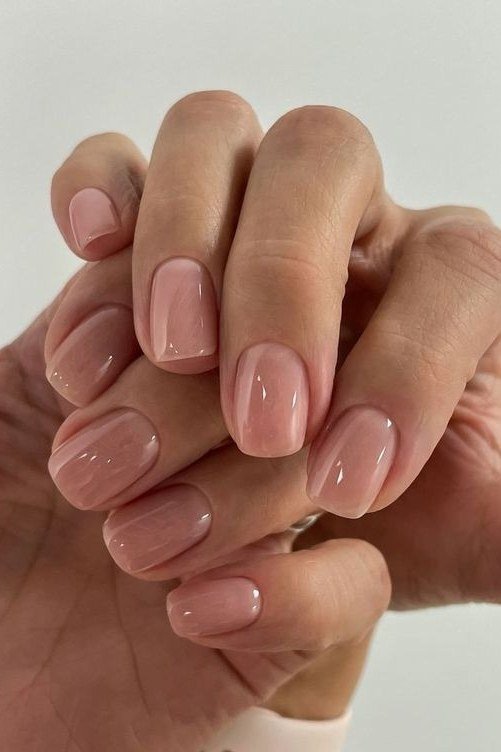 Glossy Nude-Pink, Hands Clasped, winter nail color idea for women over 60