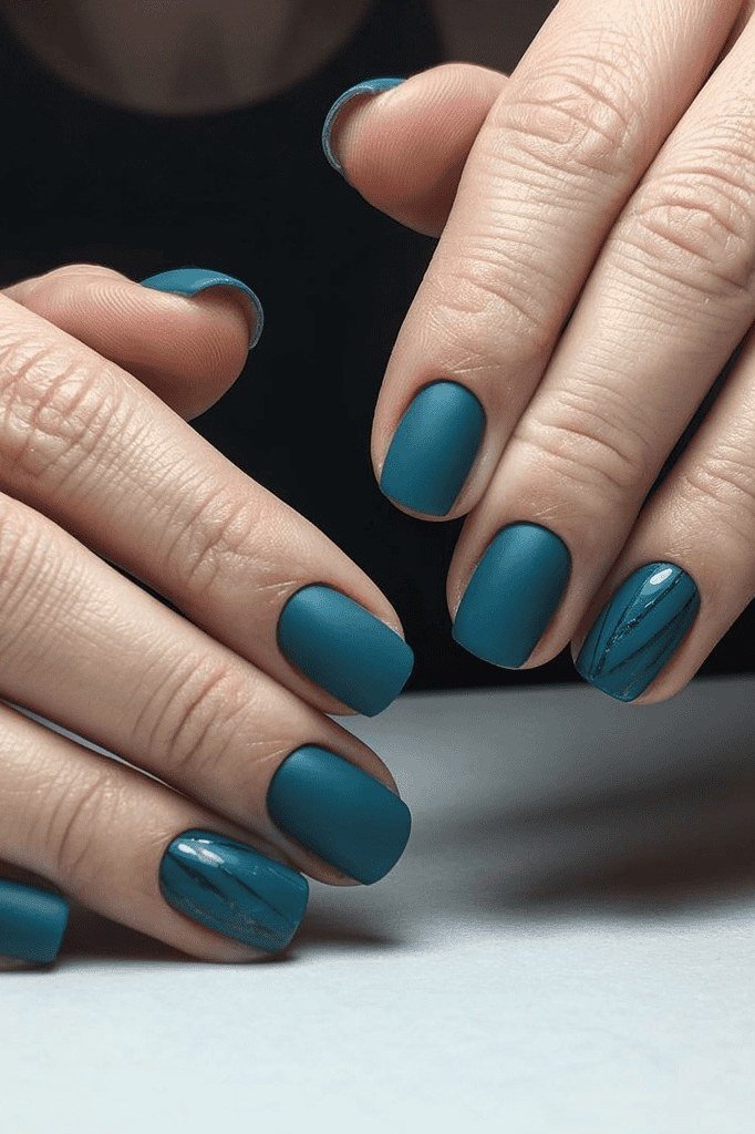 Matte Teal on Mature Hands, winter nail color idea for women over 60
