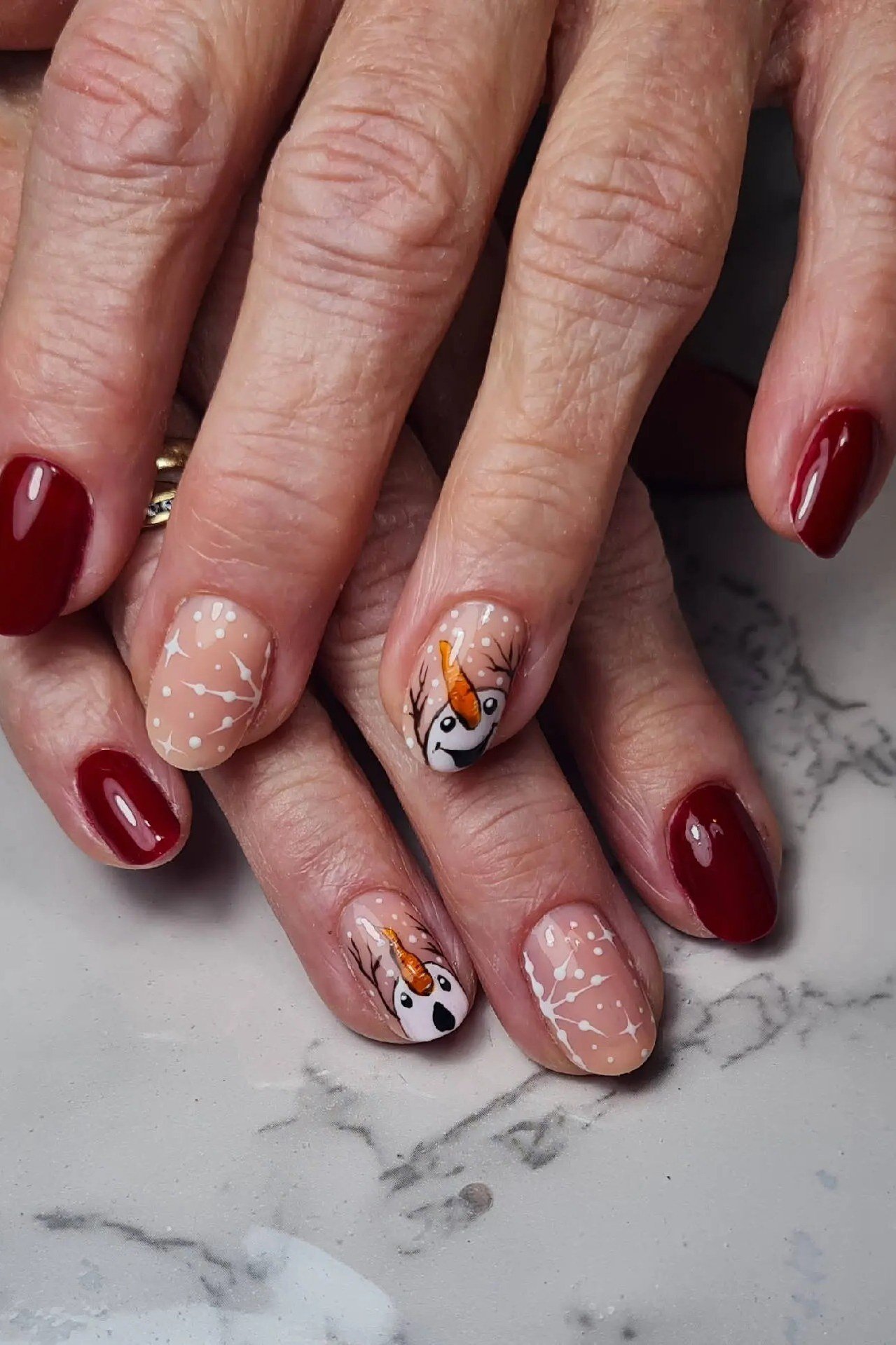 Burgundy with Floral Art, winter nail color idea for women over 60