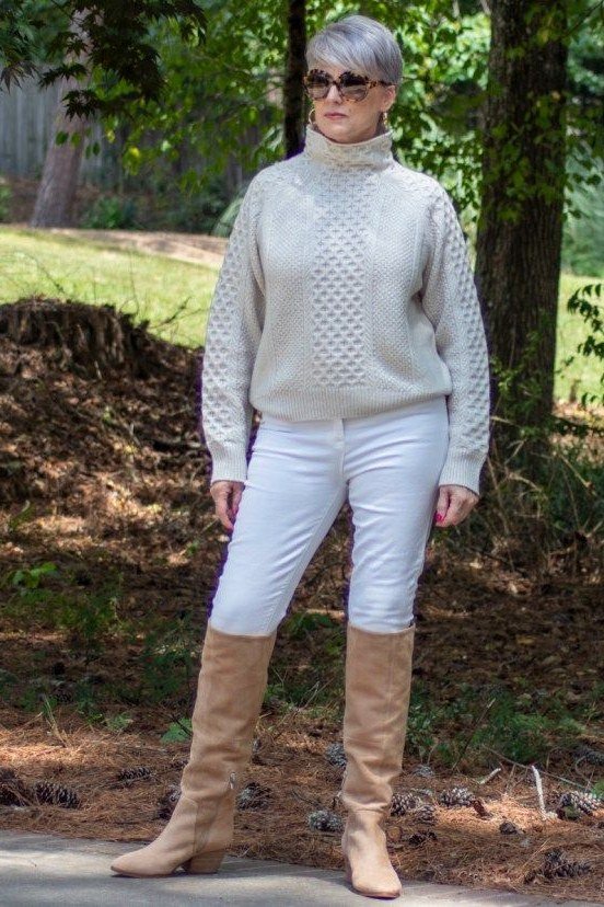 Light Gray Turtleneck with White Jeans winter outfit for women over 50