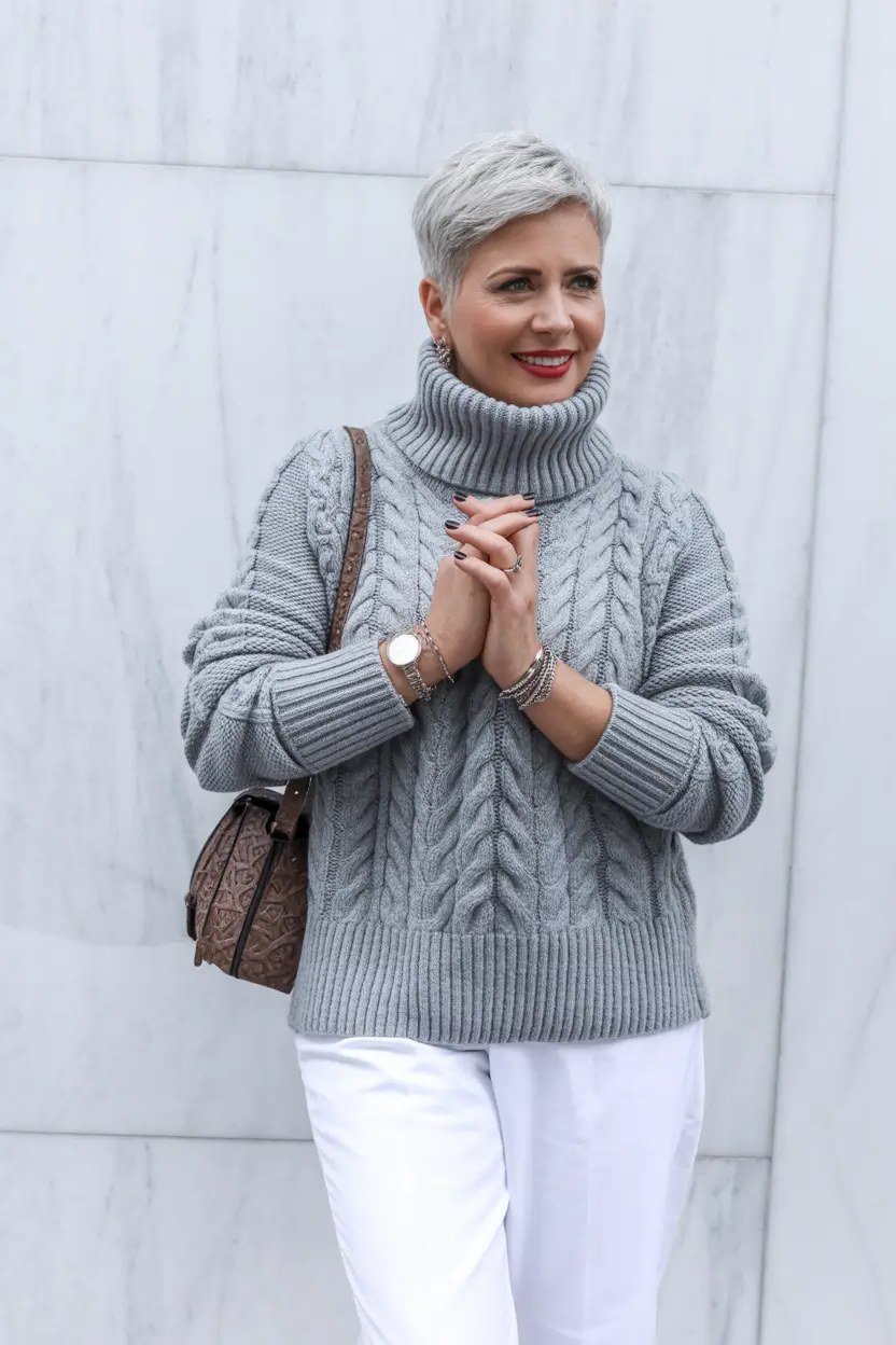 Gray Cable-Knit Turtleneck with White Jeans winter outfit for women over 50