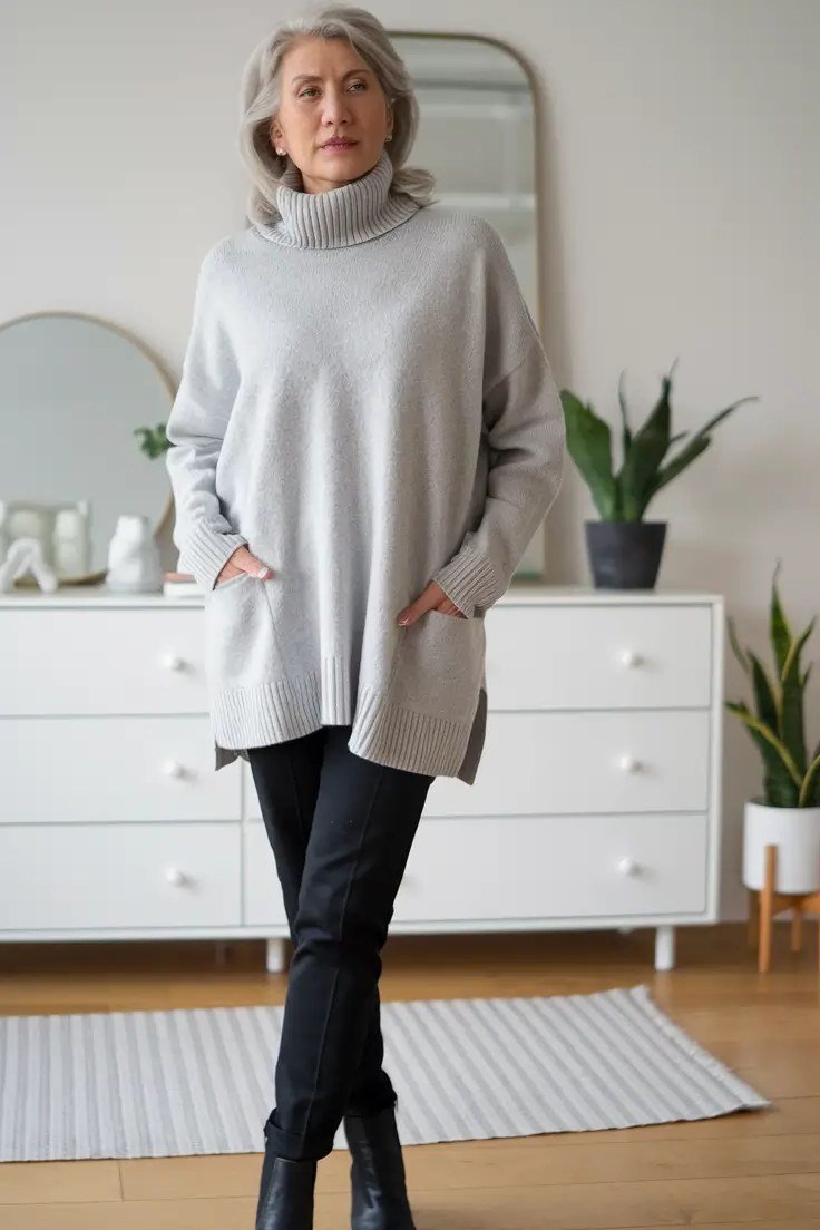 Light Gray Oversized Turtleneck with Black Pants winter outfit for women over 50