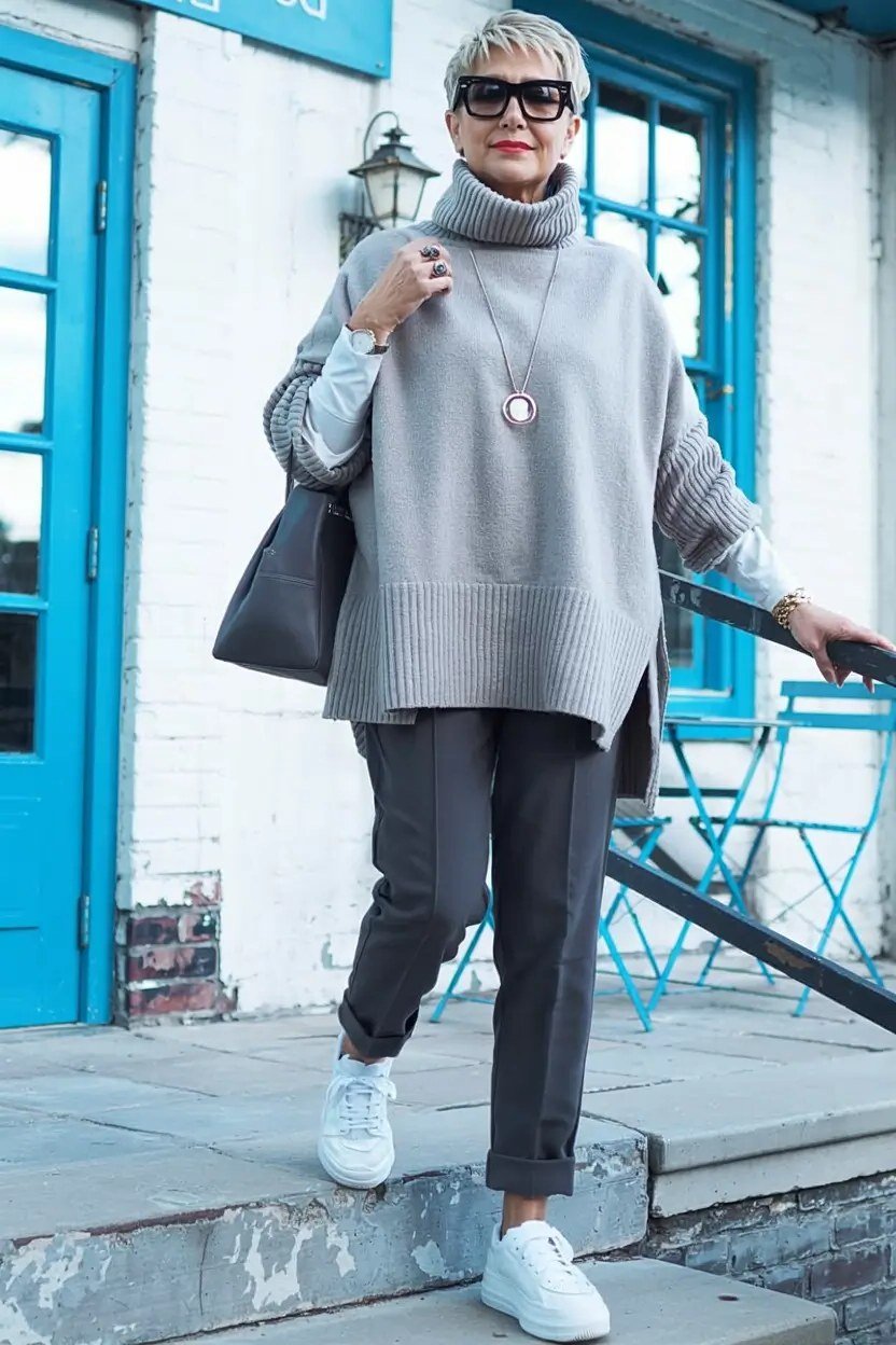 Gray Oversized Turtleneck with Black Joggers winter outfit for women over 50