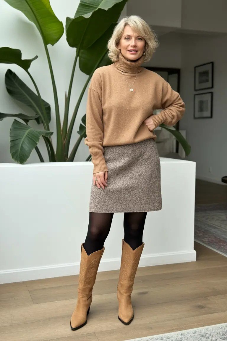 Camel Turtleneck with Gray Mini Skirt winter outfit for women over 50